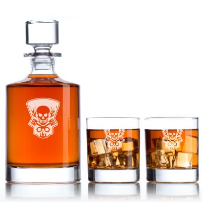 Custom Engraved Skull and Pistons Logo - Personalized Bellagio Decanter Set with Whiskey Glasses