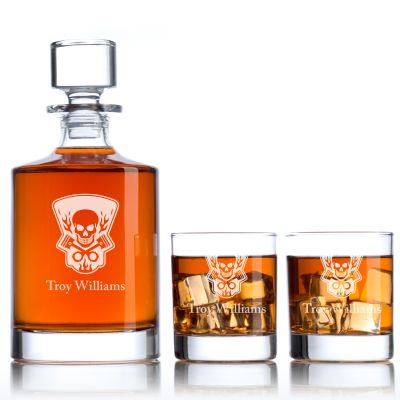 Custom Engraved Skull and Pistons Logo - Personalized Bellagio Decanter Set with Whiskey Glasses