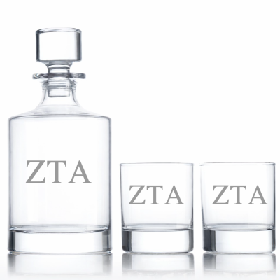 Custom Engraved Zeta Tau Alpha - Personalized Bellagio Decanter Set with Whiskey Glasses