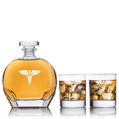 Engraved MD Caduceus - Personalized Puccini Decanter Set with Old Fashion Whiskey Glasses