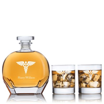 Engraved MD Caduceus - Personalized Puccini Decanter Set with Old Fashion Whiskey Glasses