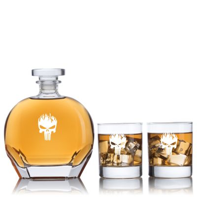 Engraved Punisher with Flames - Personalized Puccini Decanter Set with Old Fashioned Whiskey Glasses