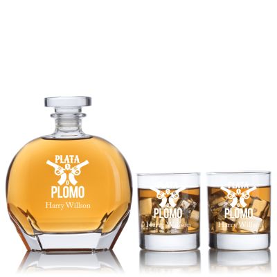 Engraved Plata o Plomo - Personalized Puccini Decanter Set with Old Fashioned Whiskey Glasses