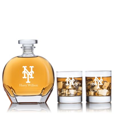 Engraved NY Mets - Personalized Puccini Decanter Set with Old Fashioned Whiskey Glasses