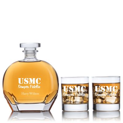 Engraved USMC Semper Fidelis  - Personalized Puccini Decanter Set with Old Fashioned Whiskey Glasses