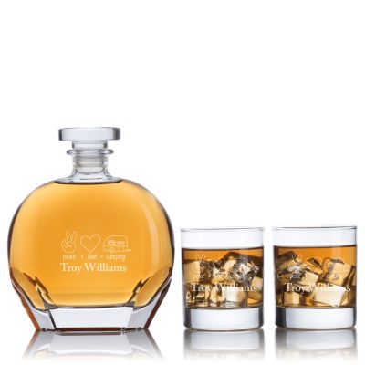 Engraved Peace Love Camping - Personalized Puccini Decanter Set with Whiskey Glasses