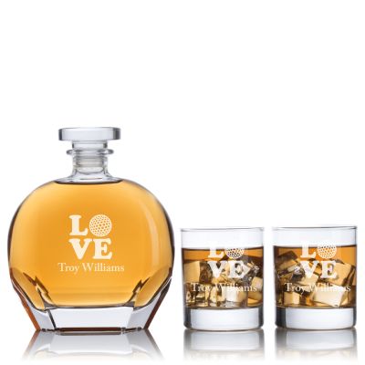 Custom Engraved Golf LOVE Design - Personalized Puccini Decanter Set with Whiskey Glasses