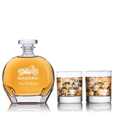 Custom Engraved Motorcyle Garage - Personalized Puccini Decanter Set with Whiskey Glasses