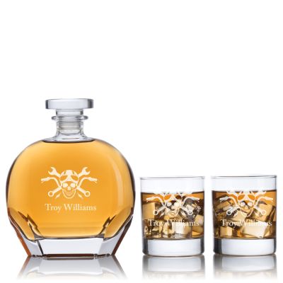 Custom Engraved Motorcycle Club Cross Bones - Personalized Puccini Decanter Set with Whiskey Glasses