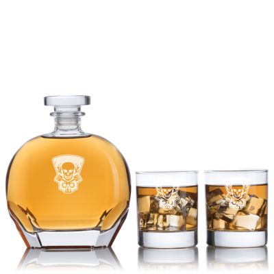 Custom Engraved Skull and Pistons Logo - Personalized Puccini Decanter Set with Whiskey Glasses