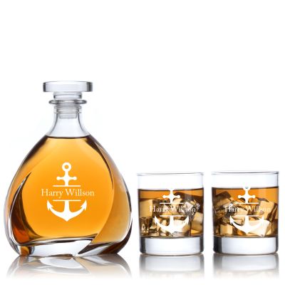 Engraved Anchor - Personalized Madison Decanter Set with Old Fashion Whiskey Glasses