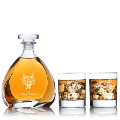 Engraved Dragon Head - Personalized Madison Decanter Set with Old Fashioned Whiskey Glasses