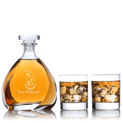 Custom Engraved Golfer and Golf Ball - Personalized Madison Decanter Set with Whiskey Glasses