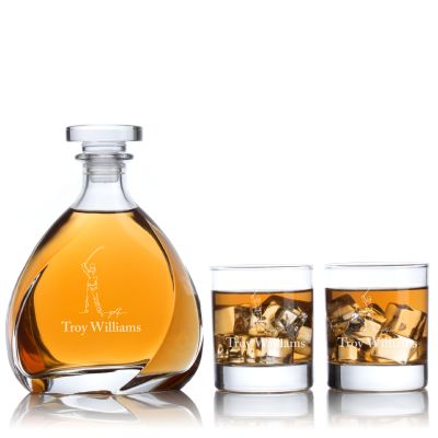 Custom Engraved Golfer Swing Line Drawing - Personalized Madison Decanter Set with Whiskey Glasses