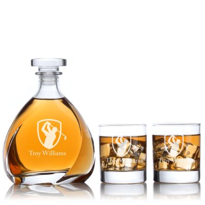Custom Engraved Golfer Emblem - Personalized Madison Decanter Set with Whiskey Glasses