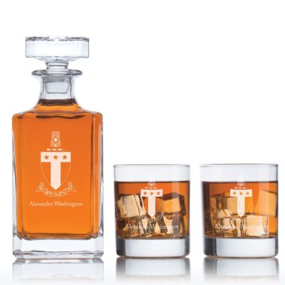 Custom Engraved Alpha Tau Omega - Personalized Classic Decanter Set with Whiskey Glasses - Coat of Arms