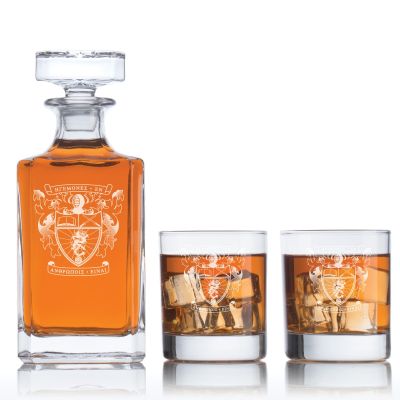 Custom Engraved Lambda Phi Epsilon - Personalized Classic Decanter Set with Whiskey Glasses - Coat of Arms