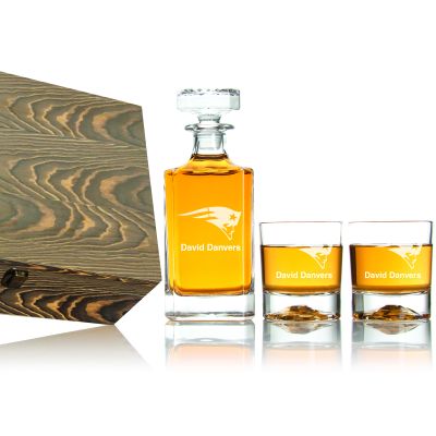 Patriots Decanter Gift Set with Wood Gift Box - Football Fanatic Gift Ideas - Classic Personalized Whiskey Decanter Set - Man Cave Gifts - Gifts For Him