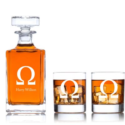 Engraved Omega - Personalized Classic Decanter Set with Old Fashion Whiskey Glasses 3pcs