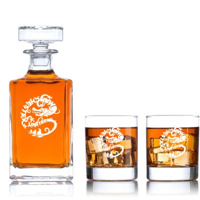 Engraved Manchester United Dragon - Personalized Classic Decanter Set with Old Fashioned Whiskey Glasses