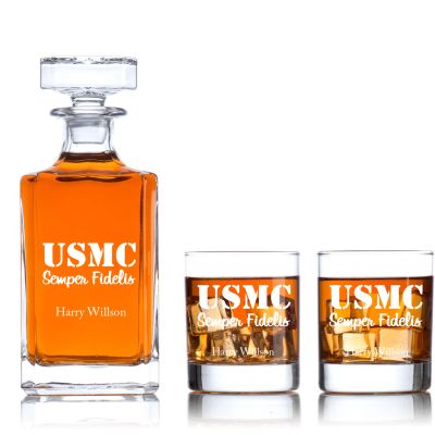 Engraved USMC Semper Fidelis  - Personalized Classic Decanter Set with Old Fashioned Whiskey Glasses