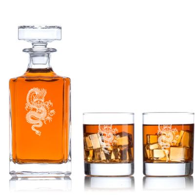 Engraved Dragon - Personalized Classic Decanter Set with Old Fashioned Whiskey Glasses