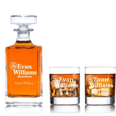 Engraved Evan Williams Bourbon - Personalized Classic Decanter Set with Old Fashioned Whiskey Glasses