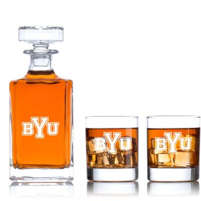 Engraved BYU Brigham Young Cougars - Personalized Classic Decanter Set with Old Fashioned Whiskey Glasses