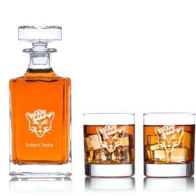 Engraved Brigham Young Cougars Design - Personalized Classic Decanter Set with Old Fashioned Whiskey Glasses