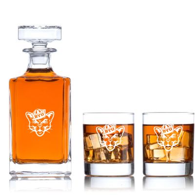 Engraved Brigham Young Cougars Design - Personalized Classic Decanter Set with Old Fashioned Whiskey Glasses