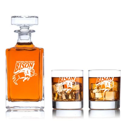Engraved North Dakota Bison - Personalized Classic Decanter Set with Old Fashioned Whiskey Glasses