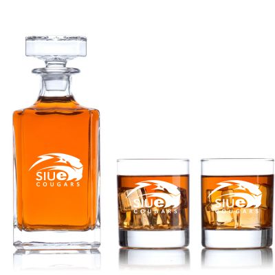 Engraved SIUE Cougars - Personalized Classic Decanter Set with Old Fashioned Whiskey Glasses