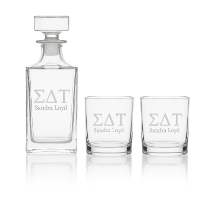 Custom Engraved Sigma Delta Tau - Personalized Classic Decanter Set with Whiskey Glasses