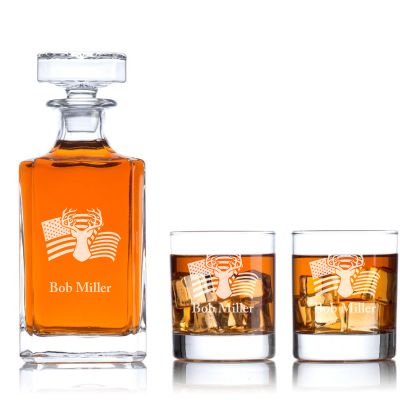 Engraved Deer with USA Flag - Personalized Classic Decanter Set with Whiskey Glasses