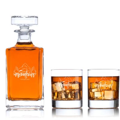 Engraved Mountains - Personalized Classic Decanter Set with Whiskey Glasses
