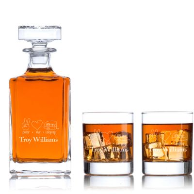 Engraved Peace Love Camping - Personalized Classic Decanter Set with Whiskey Glasses