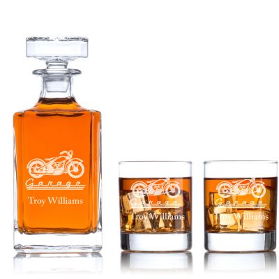 Custom Engraved Motorcyle Garage - Personalized Classic Decanter Set with Whiskey Glasses