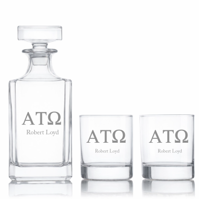 Custom Engraved Alpha Tau Omega - Personalized Classic Decanter Set with Whiskey Glasses