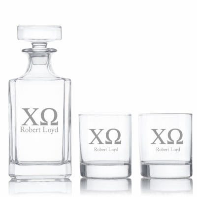 Custom Engraved Chi Omega - Personalized Classic Decanter Set with Whiskey Glasses