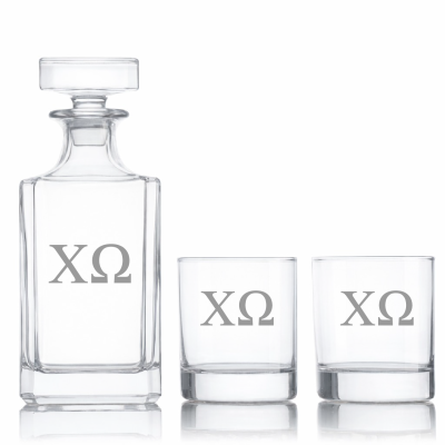Custom Engraved Chi Omega - Personalized Classic Decanter Set with Whiskey Glasses