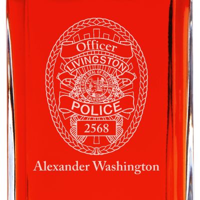 Custom Engraved Police Badges  - Personalized Whiskey Decanter Set In Wood Gift Box - Livingston CA Police Badge