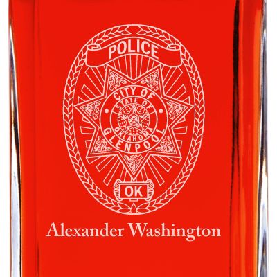 Custom Engraved Police Badges  - Personalized Whiskey Decanter Set In Wood Gift Box - Glenpool OK Police Badge