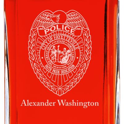 Custom Engraved Police Badges  - Personalized Whiskey Decanter Set In Wood Gift Box - Fayetteville NC Police Badge