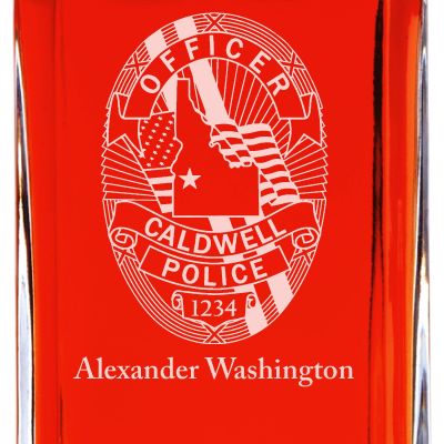 Custom Engraved Police Badges  - Personalized Whiskey Decanter Set In Wood Gift Box - Caldwell ID Police Badge