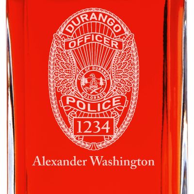 Custom Engraved Police Badges  - Personalized Whiskey Decanter Set In Wood Gift Box - Durango CO Police Badge