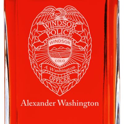 Custom Engraved Police Badges  - Personalized Whiskey Decanter Set In Wood Gift Box - Windsor CO Police Badge