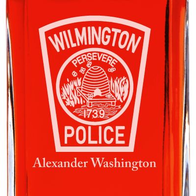 Custom Engraved Police Badges  - Personalized Whiskey Decanter Set In Wood Gift Box - Wilmington Police Patch