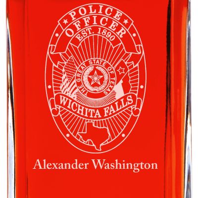 Custom Engraved Police Badges  - Personalized Whiskey Decanter Set In Wood Gift Box - Wichita Falls TX Police Badge