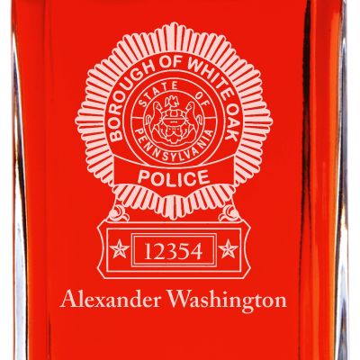Custom Engraved Police Badges  - Personalized Whiskey Decanter Set In Wood Gift Box - White Oak PA Police Badge