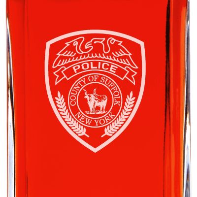 Custom Engraved Police Badges  - Personalized Whiskey Decanter Set In Wood Gift Box - County of Suffolk NY Police Patch